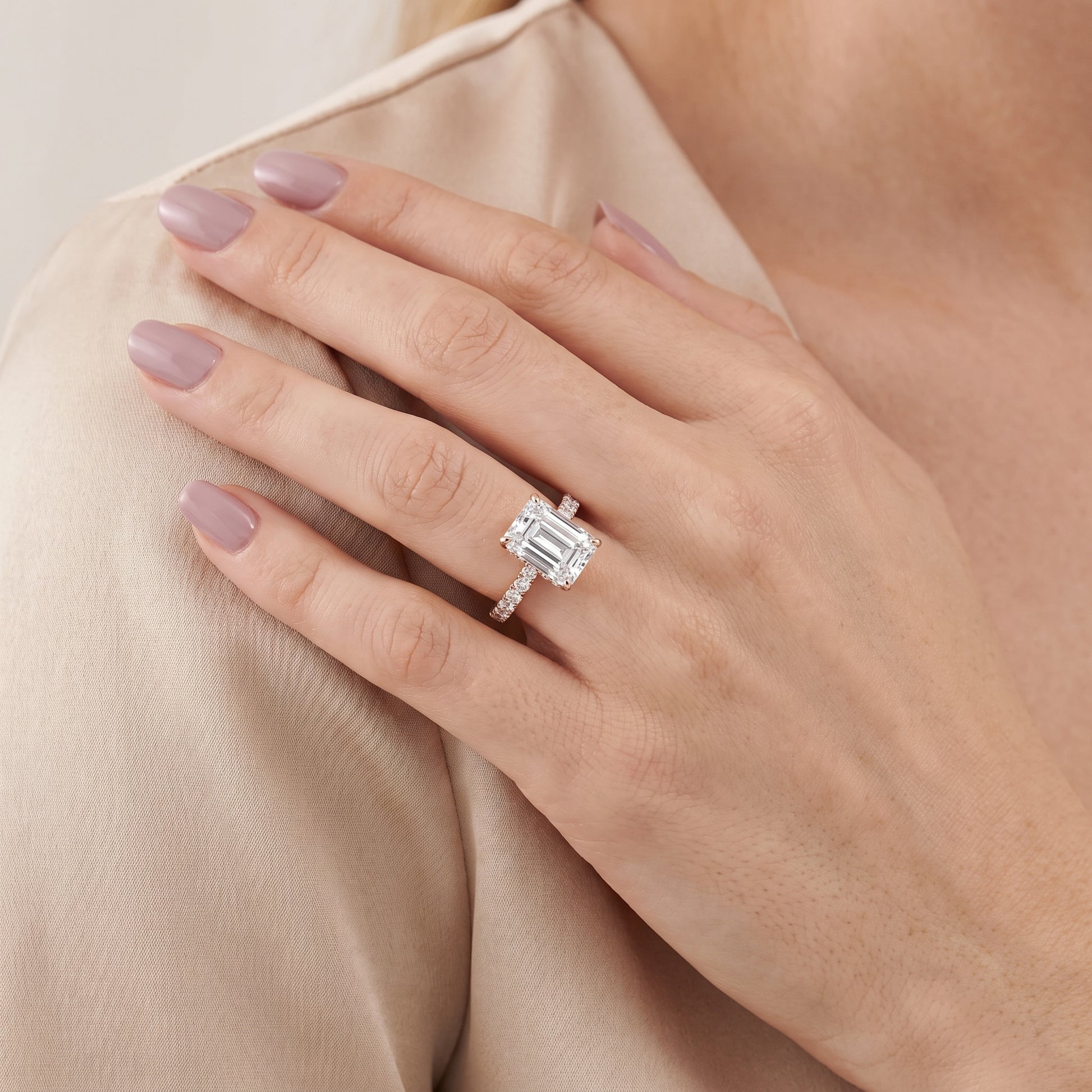 Gia Hidden Halo Pavé Emerald Diamond Ring in Rose Gold - model.jpg
