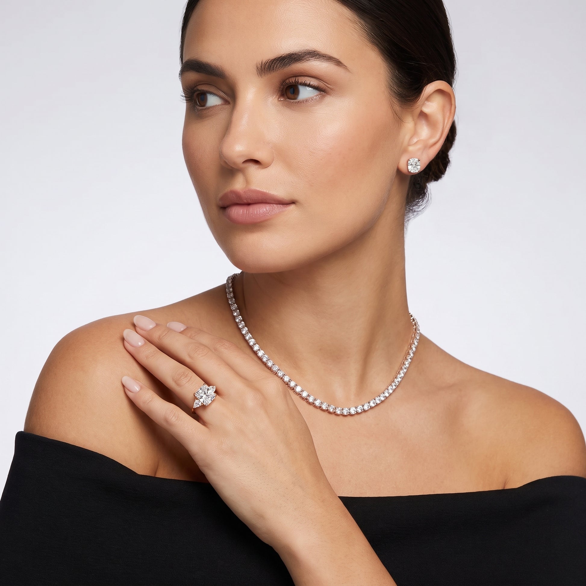 Leila Three-Stone Radiant Diamond Engagement Ring in Rose Gold - model.jpg