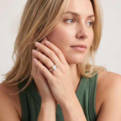 Sonja Graduated Pavé Emerald Diamond Engagement Ring in Rose Gold - model.jpg