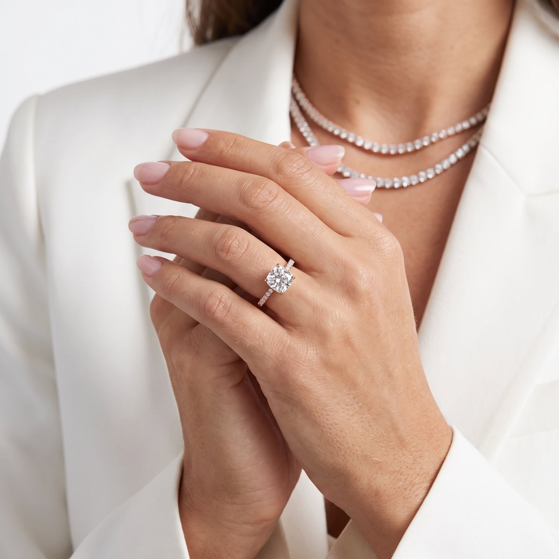 Aisha Pavé Solitaire Cushion Diamond Engagement Ring in Rose Gold - model.jpg