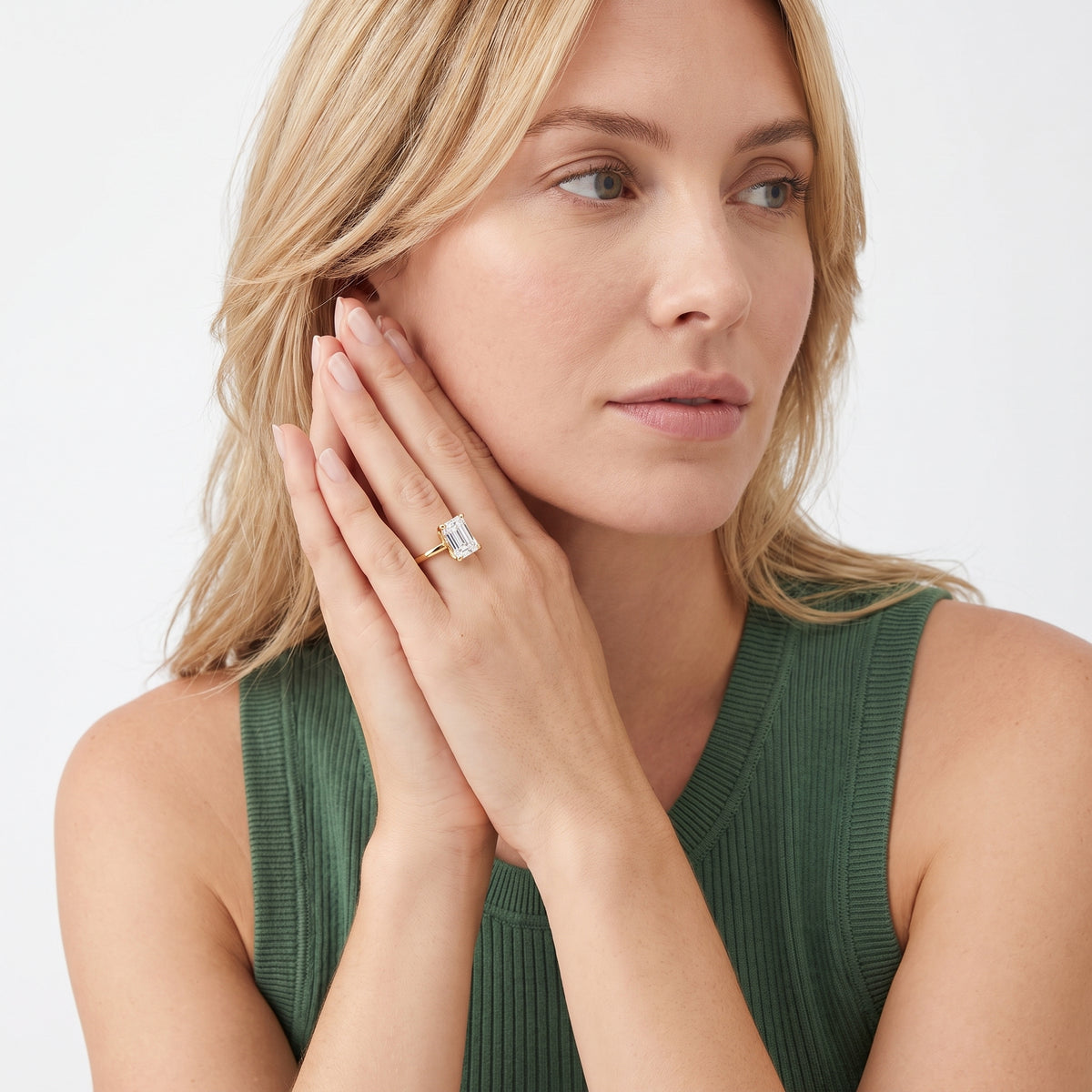 Arabella Six-Prong Solitaire Emerald Diamond Engagement Ring in Yellow Gold - model.jpg