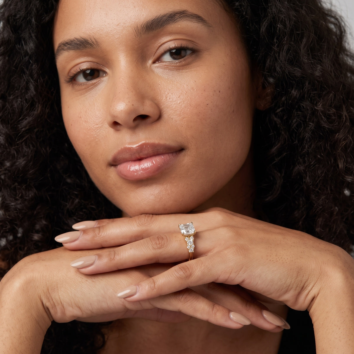 Roxana Graduated Cluster Asscher Diamond Engagement Ring in Silver - model.jpg
