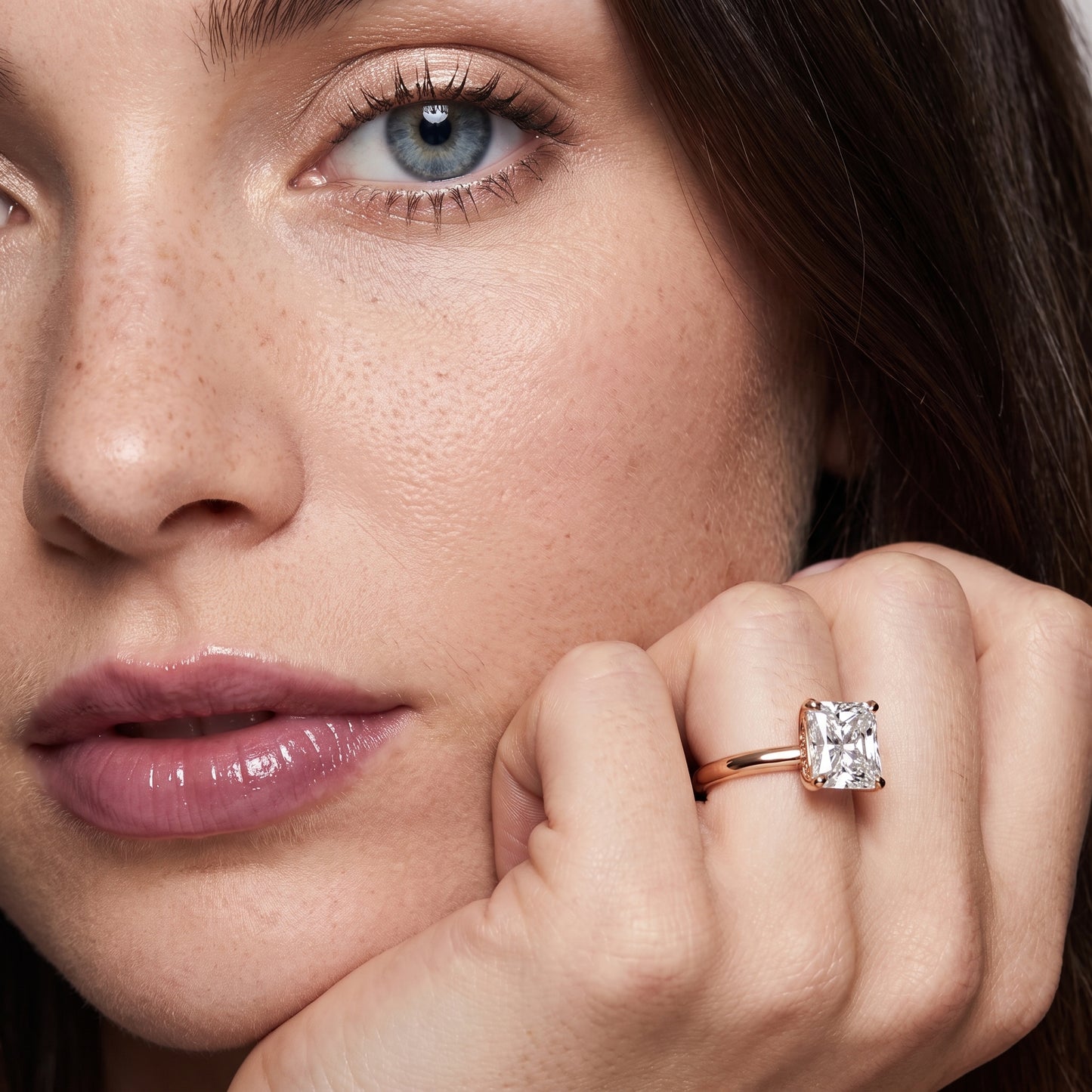 Wren Solitaire Radiant Diamond Ring in Rose Gold - model.jpg
