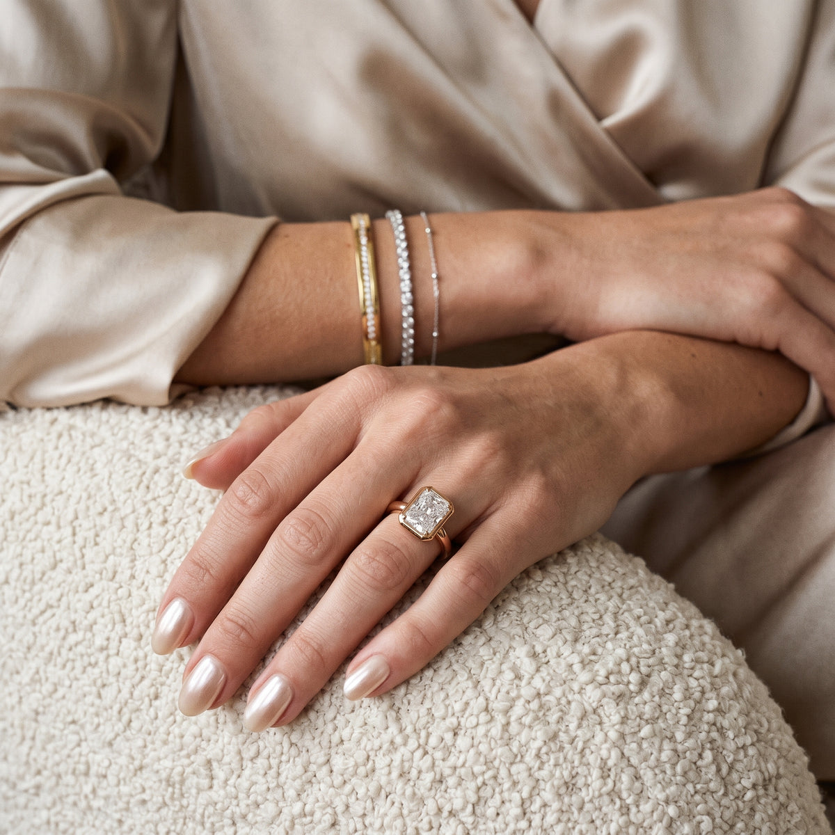 Alina Bezel Solitaire Radiant Diamond Engagement Ring in Rose Gold - model.jpg