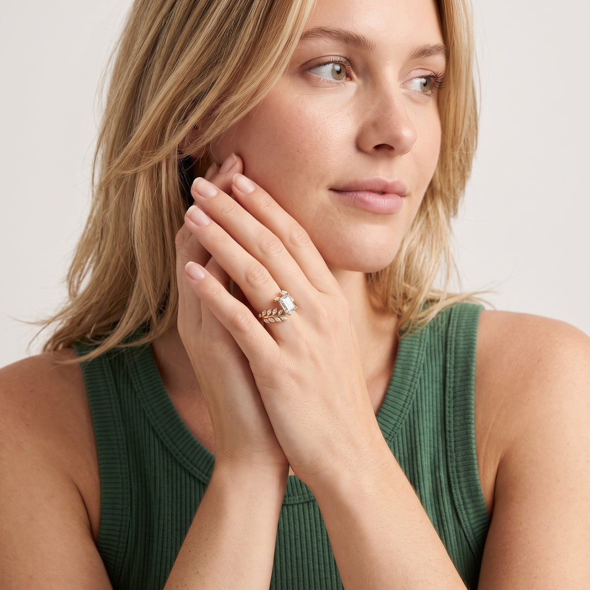 Clarion Leaf Bypass Emerald Diamond Engagement Ring in Yellow Gold - model.jpg