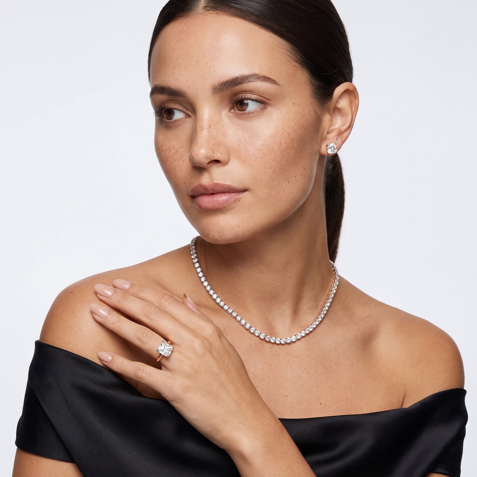 Sadie Cathedral Solitaire Radiant Diamond Ring in Rose Gold - model.jpg