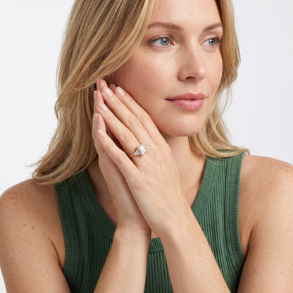 Amelia Three Stone Emerald Diamond Engagement Ring in Yellow Gold - model.jpg