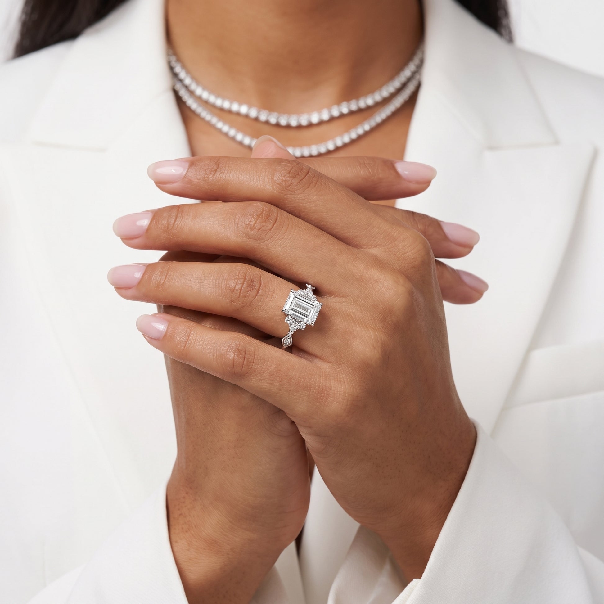 Naomi Vintage Milgrain Emerald Diamond Engagement Ring in Silver - model.jpg
