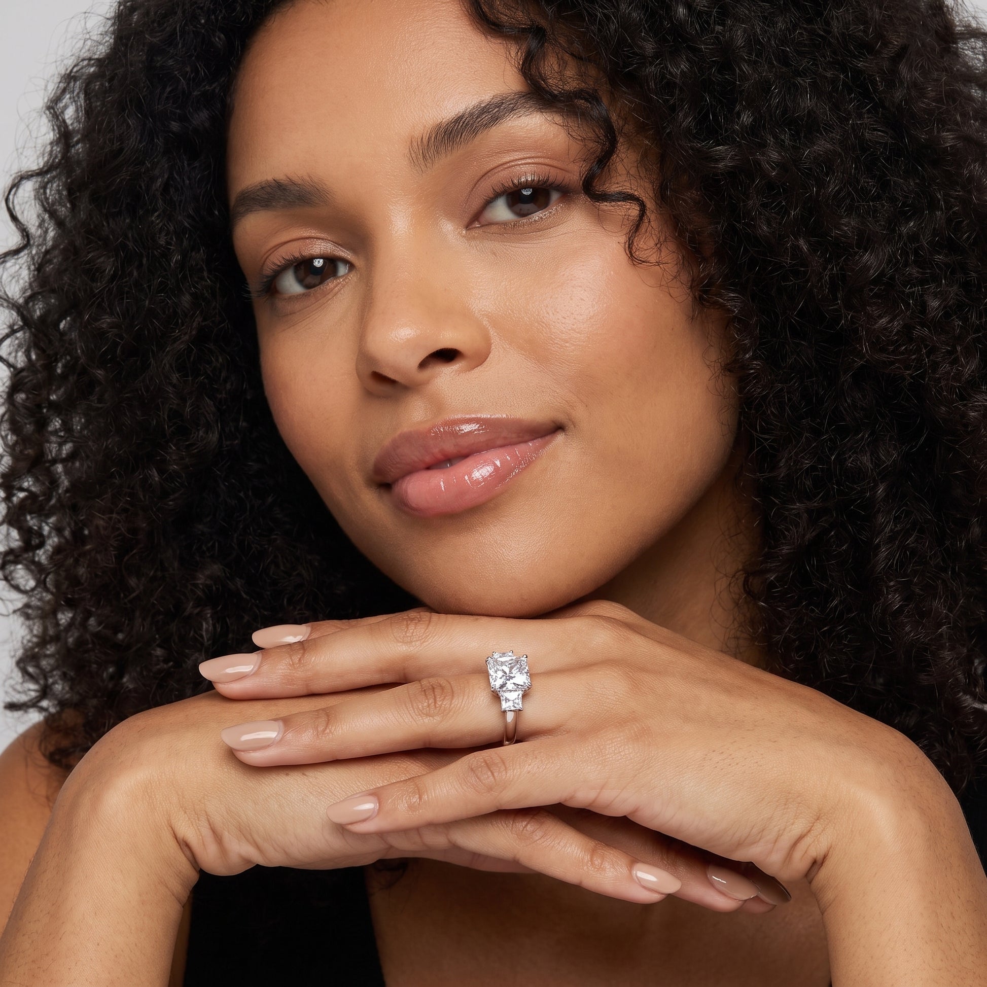 Selena Three-Stone Basket Radiant Diamond Ring in Silver - model.jpg