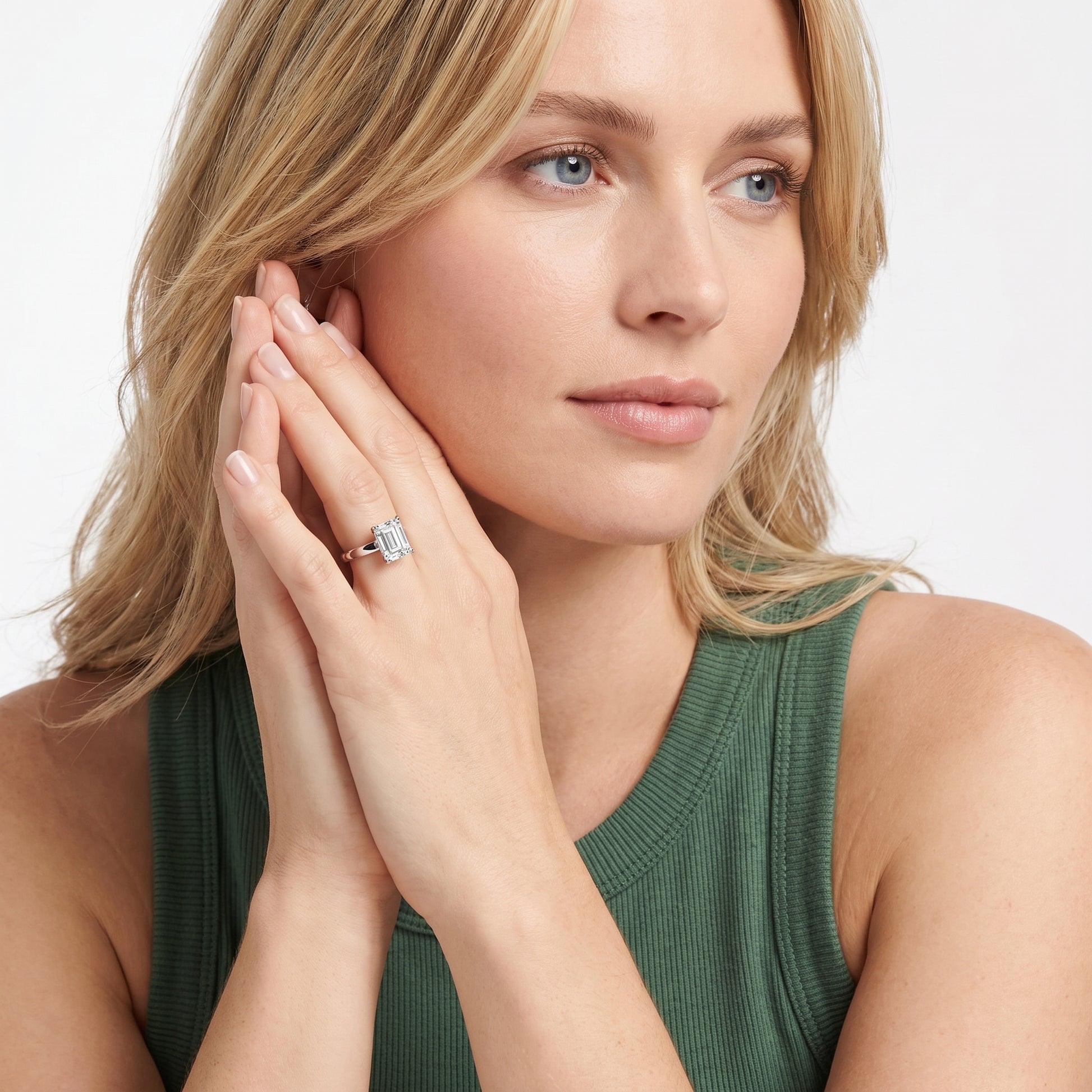 Lara Hidden Halo Emerald Diamond Engagement Ring in Platinum - model.jpg