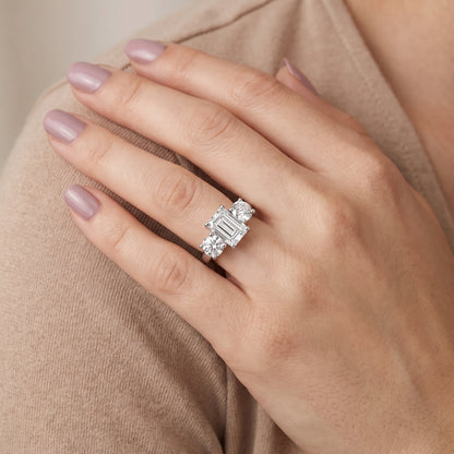Callie Three-Stone Trellis Emerald Diamond Ring in Platinum - model.jpg