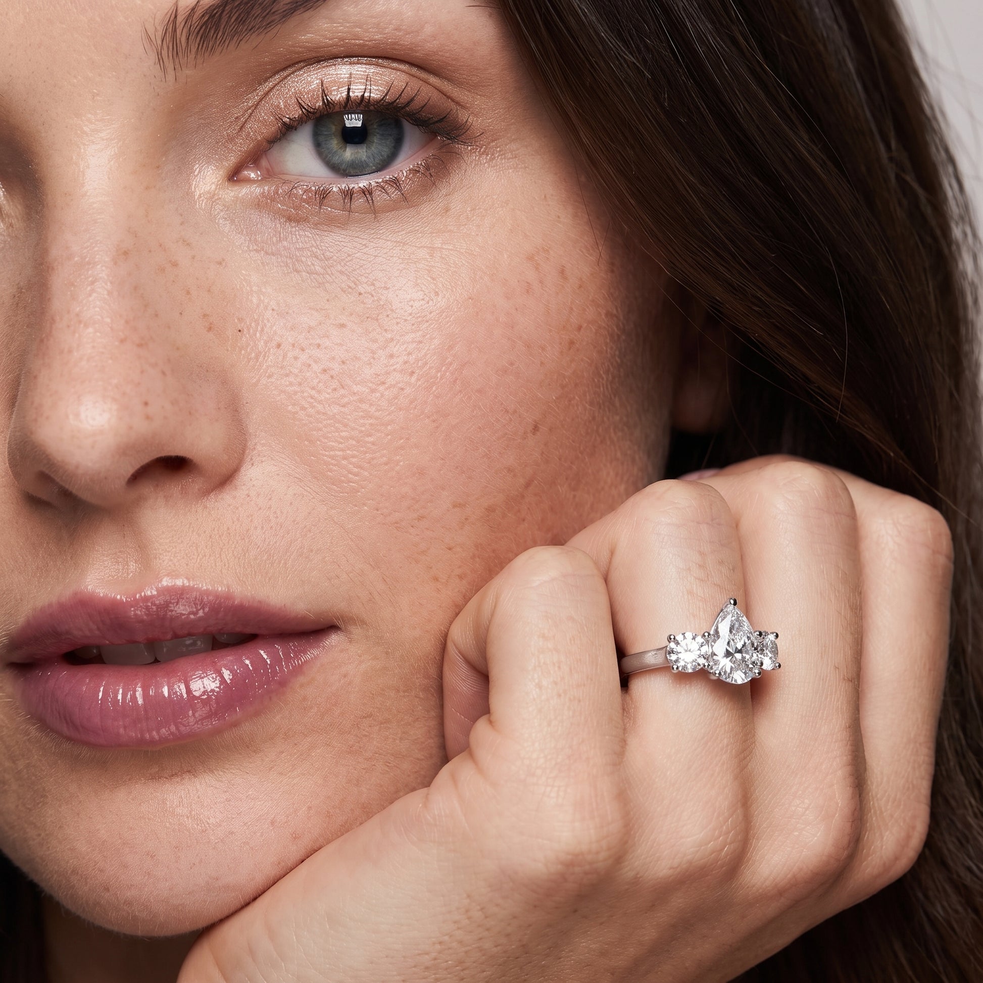 Callie Three-Stone Trellis Pear Diamond Engagement Ring in Silver - model.jpg