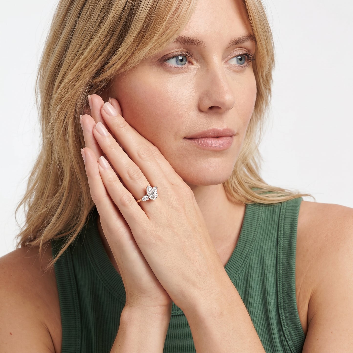 Phoebe Three-Stone Pear Diamond Ring in Rose Gold - model.jpg