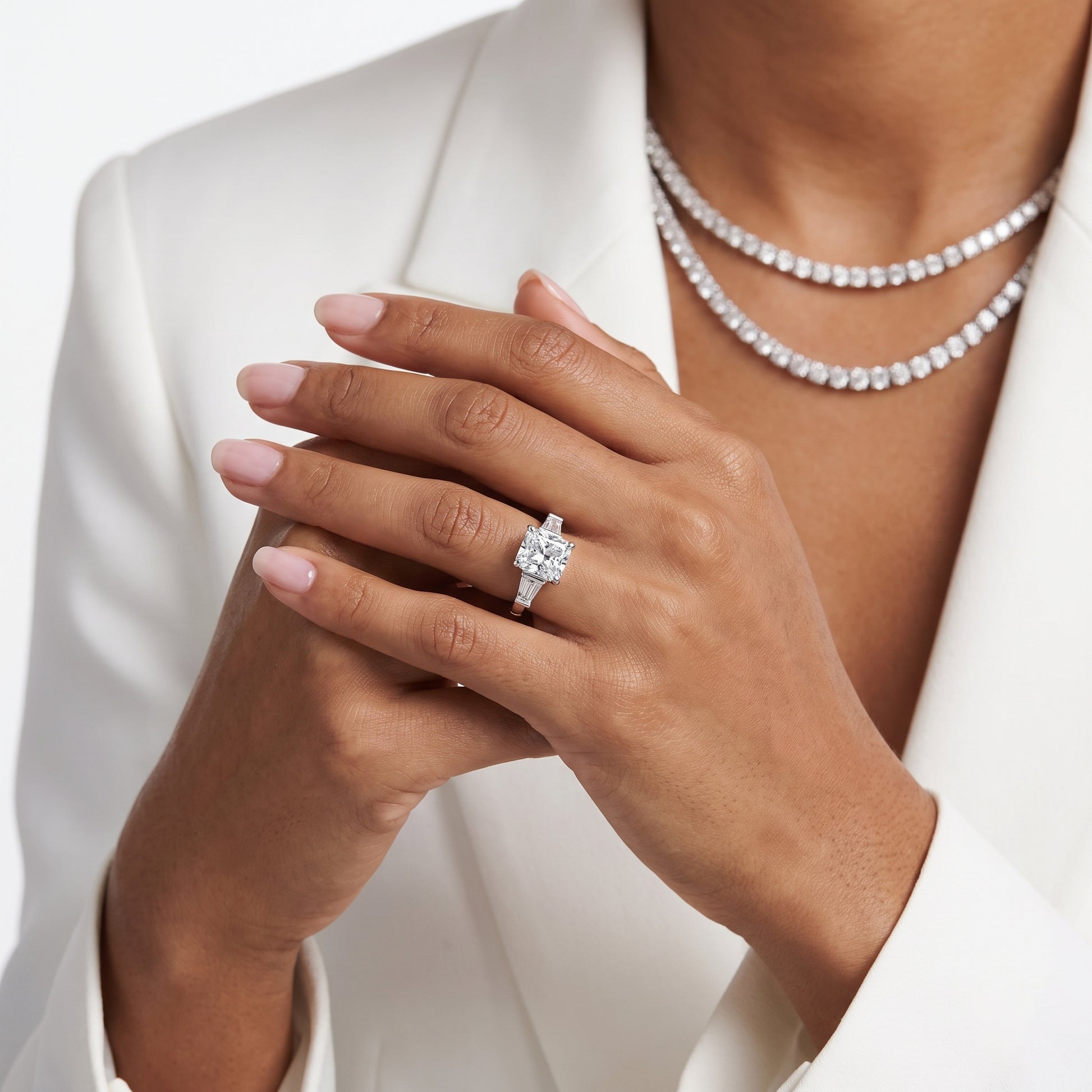 Zelda Tapered Baguette Radiant Diamond Engagement Ring in Silver - model.jpg