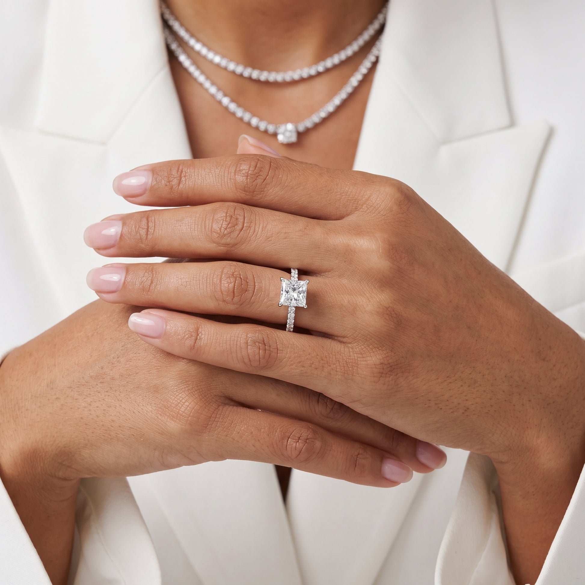 Veda Split Shank Pavé Princess Diamond Engagement Ring in Platinum - model.jpg