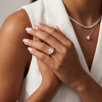 Romy Three-Stone Asscher Diamond Engagement Ring in Rose Gold - model.jpg