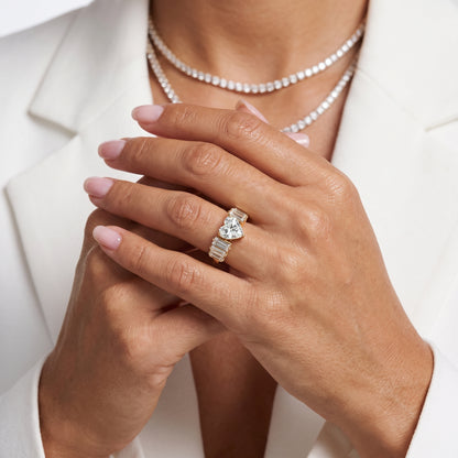 Mara Sidestone Baguette Accent Heart Diamond Engagement Ring in Yellow Gold - model.jpg