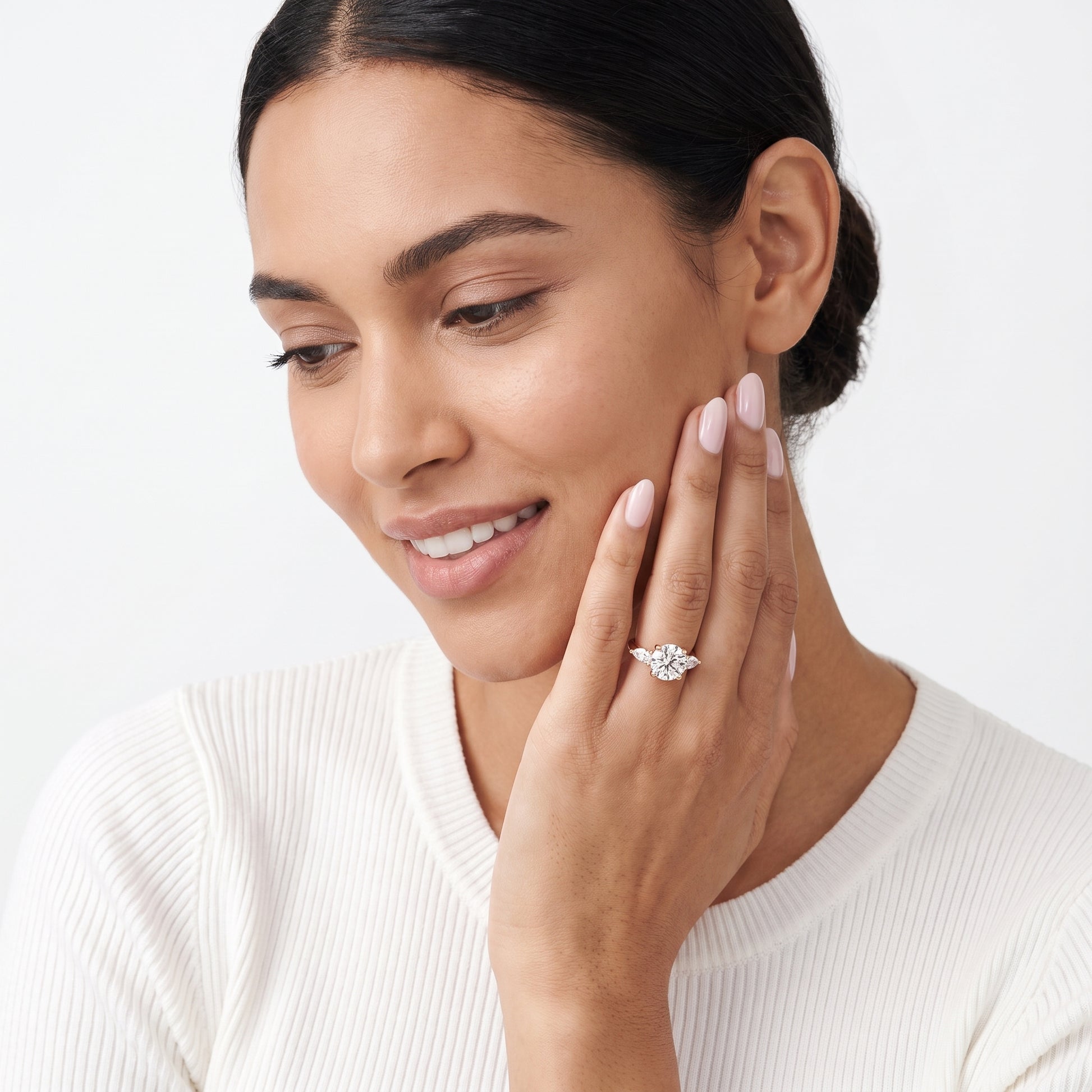 Faye Three-Stone Trellis Round Diamond Ring in Rose Gold - model.jpg