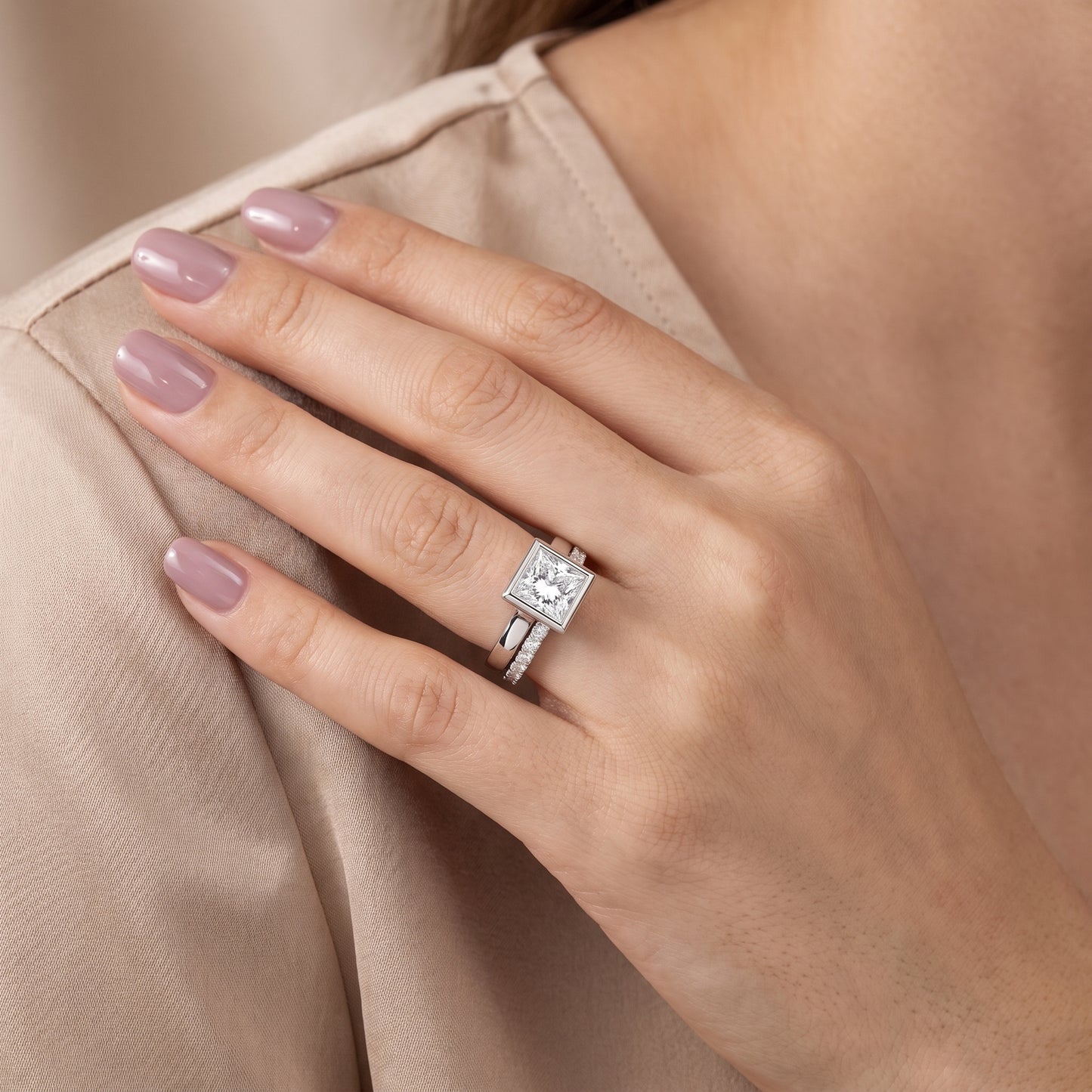 Ayla Bezel Bypass Princess Diamond Ring in Silver - model.jpg
