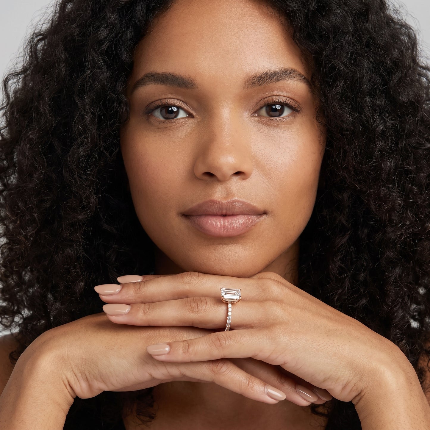Aisha Pavé Solitaire Emerald Diamond Engagement Ring in Rose Gold - model.jpg
