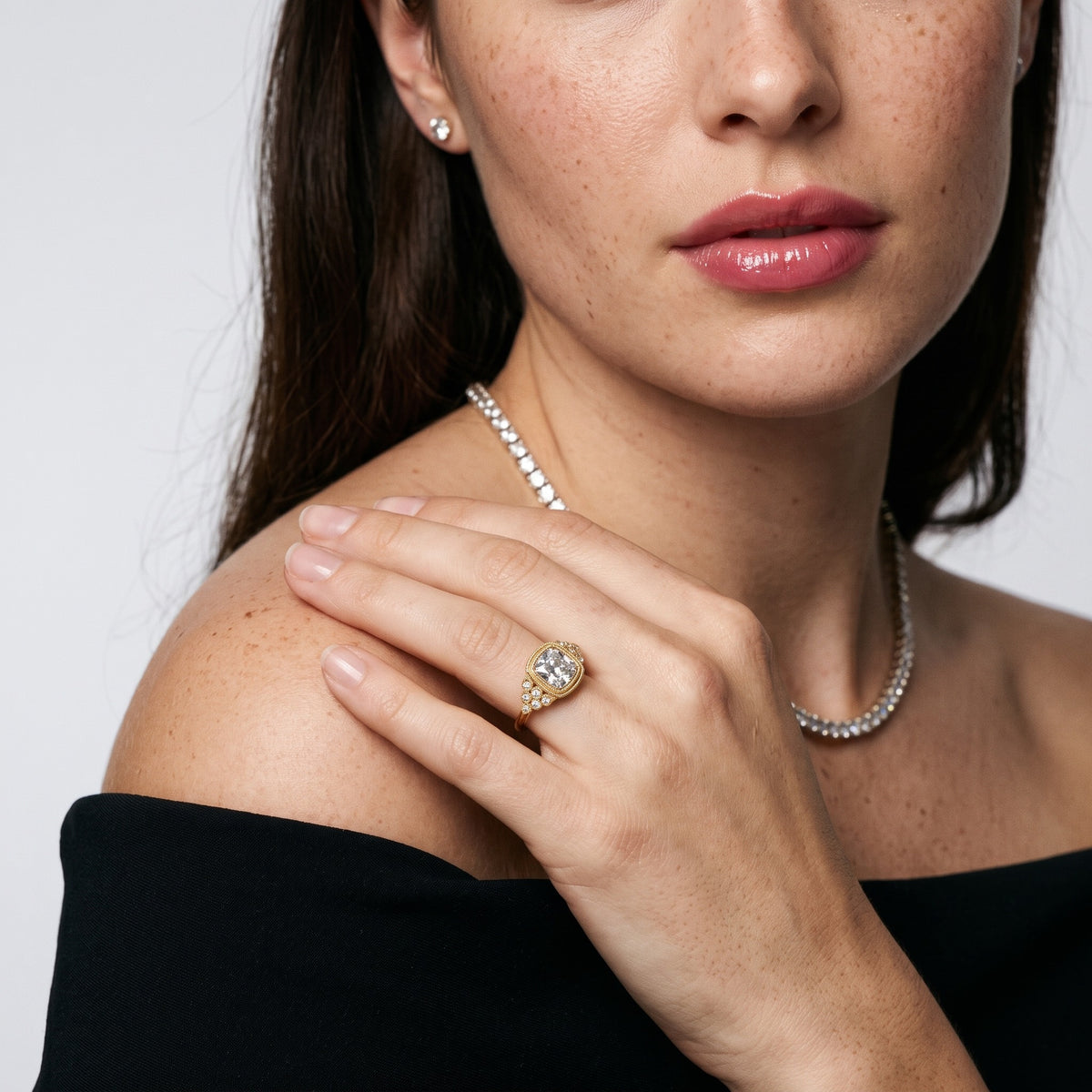 Effie Vintage Bezel Cushion Diamond Engagement Ring in Rose Gold - model.jpg