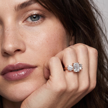 Esme Three-Stone Tapered Emerald Diamond Ring in Rose Gold - model.jpg