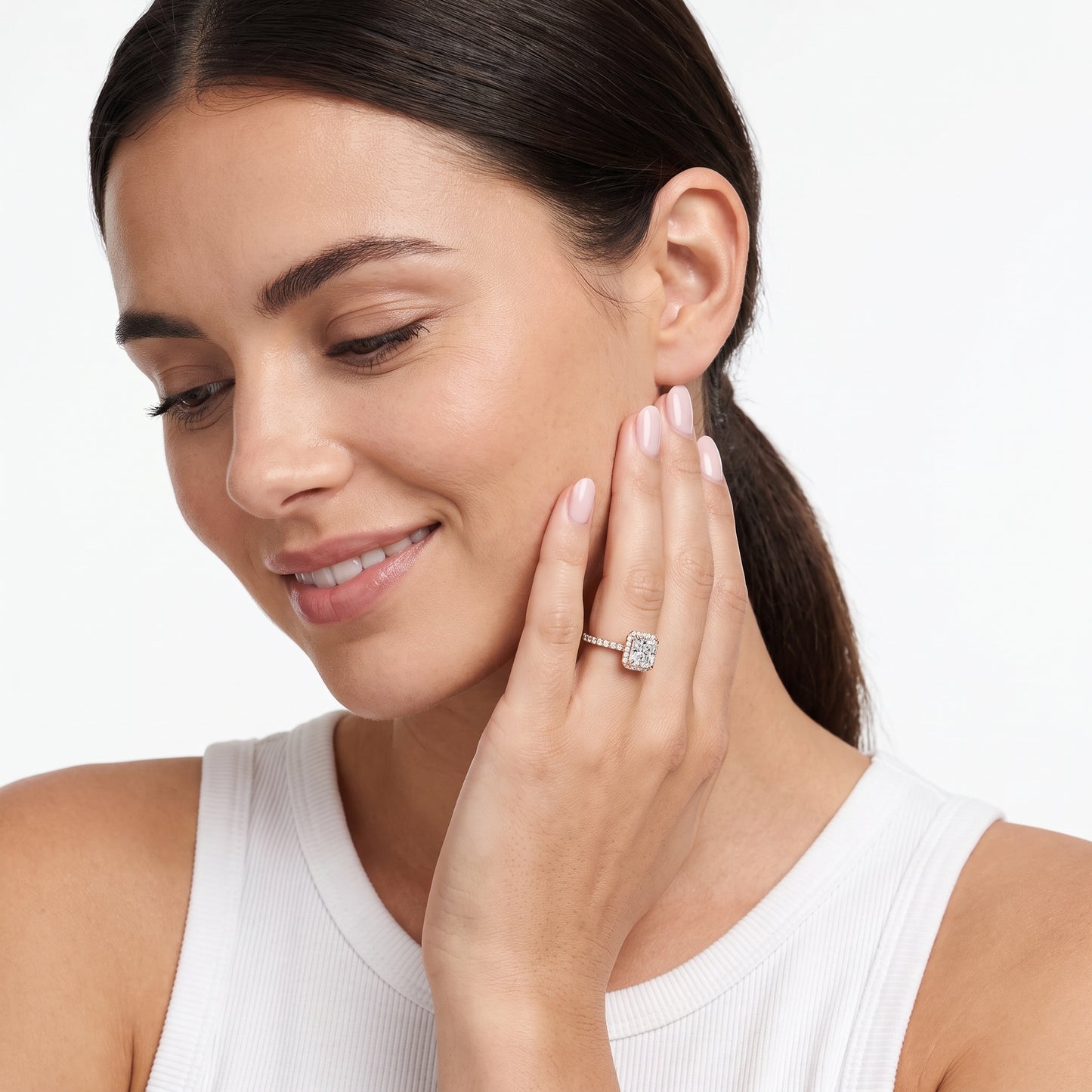 Chloe Halo Pavé Radiant Diamond Ring in Rose Gold - model.jpg