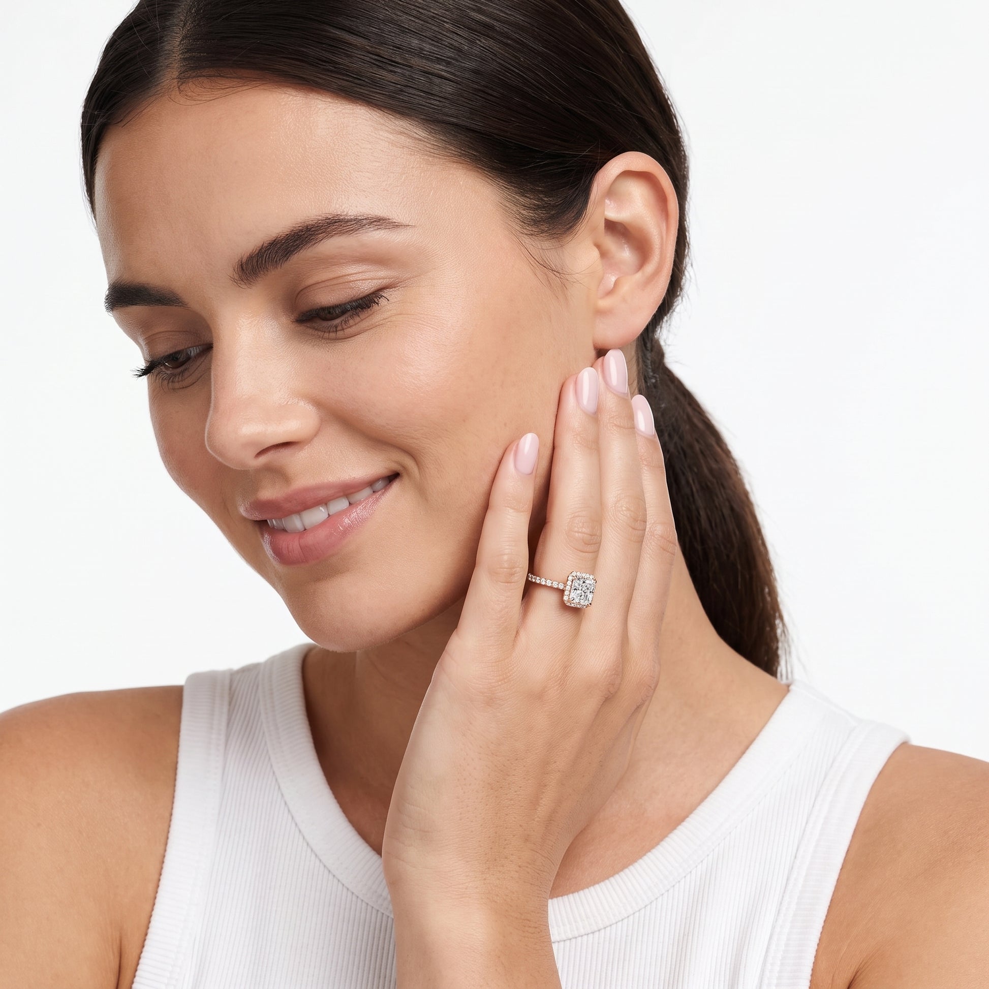 Chloe Halo Pavé Radiant Diamond Ring in Rose Gold - model.jpg