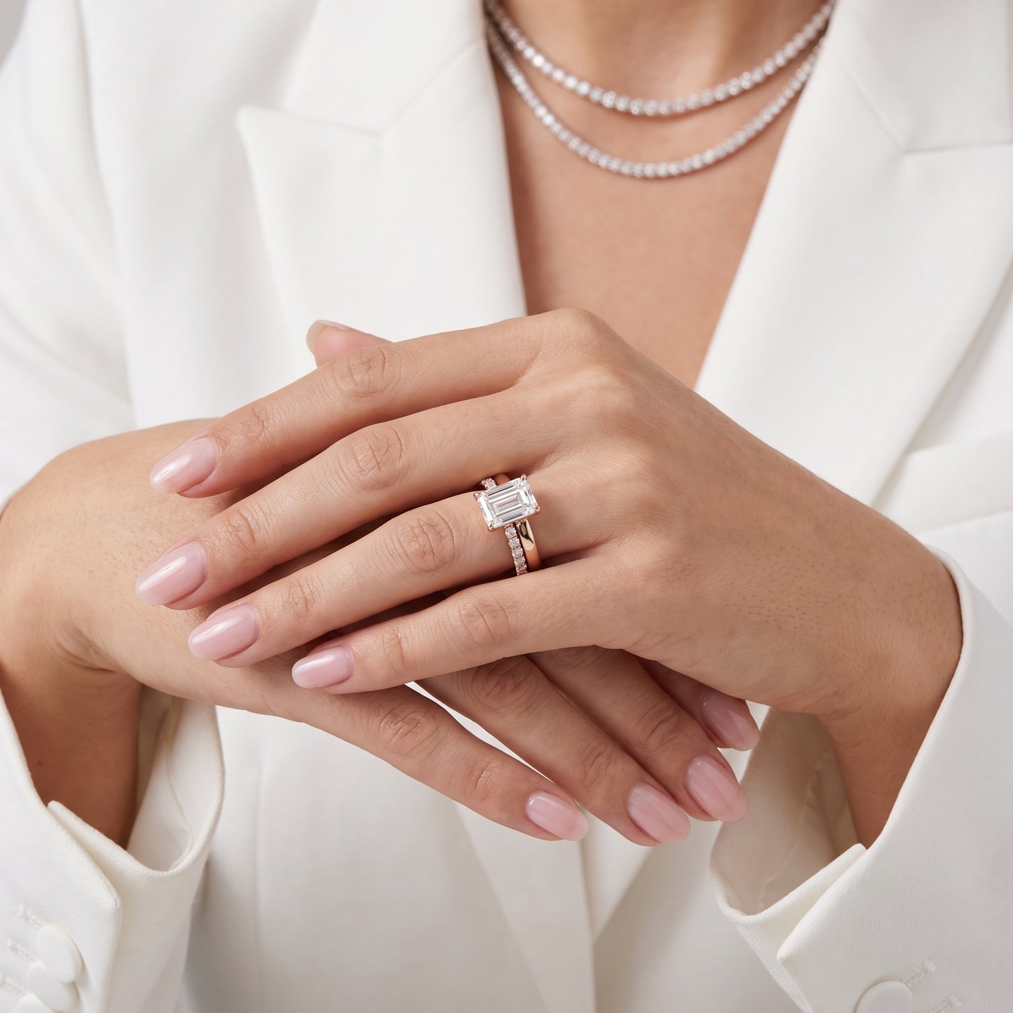 Veda Split Shank Pavé Emerald Diamond Engagement Ring in Rose Gold - model.jpg