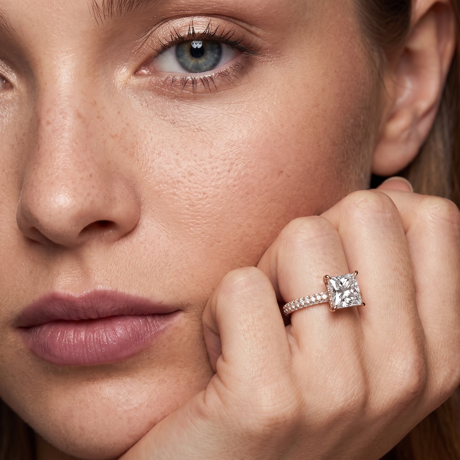 Della Hidden Halo Pavé Princess Diamond Engagement Ring in Rose Gold - model.jpg