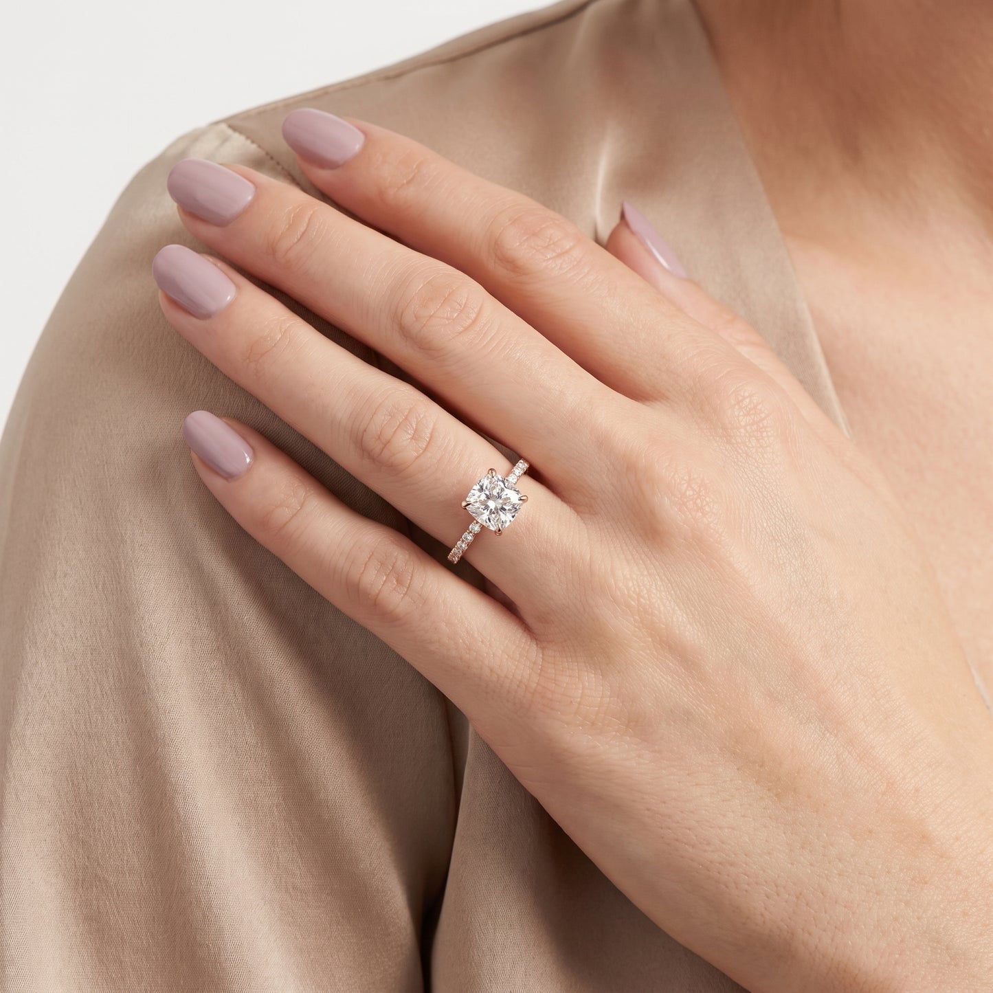 Veda Split Shank Pavé Cushion Diamond Engagement Ring in Rose Gold - model.jpg