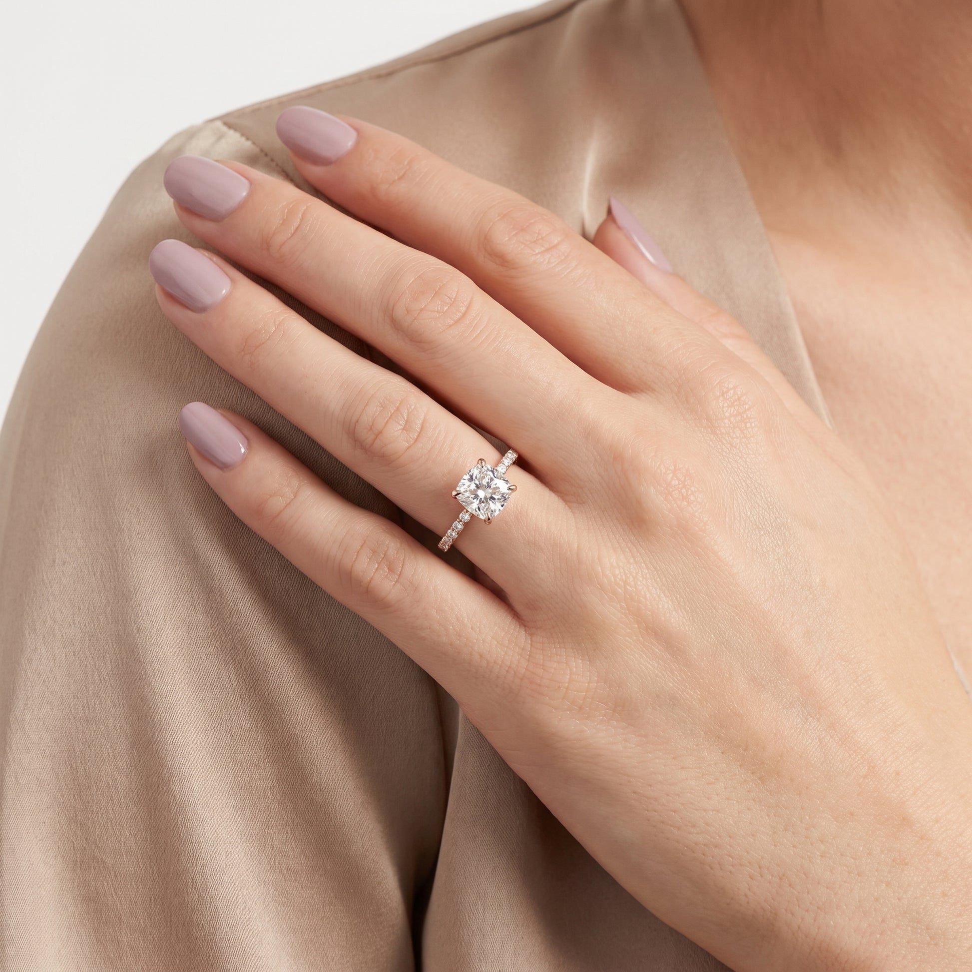 Veda Split Shank Pavé Cushion Diamond Engagement Ring in Rose Gold - model.jpg