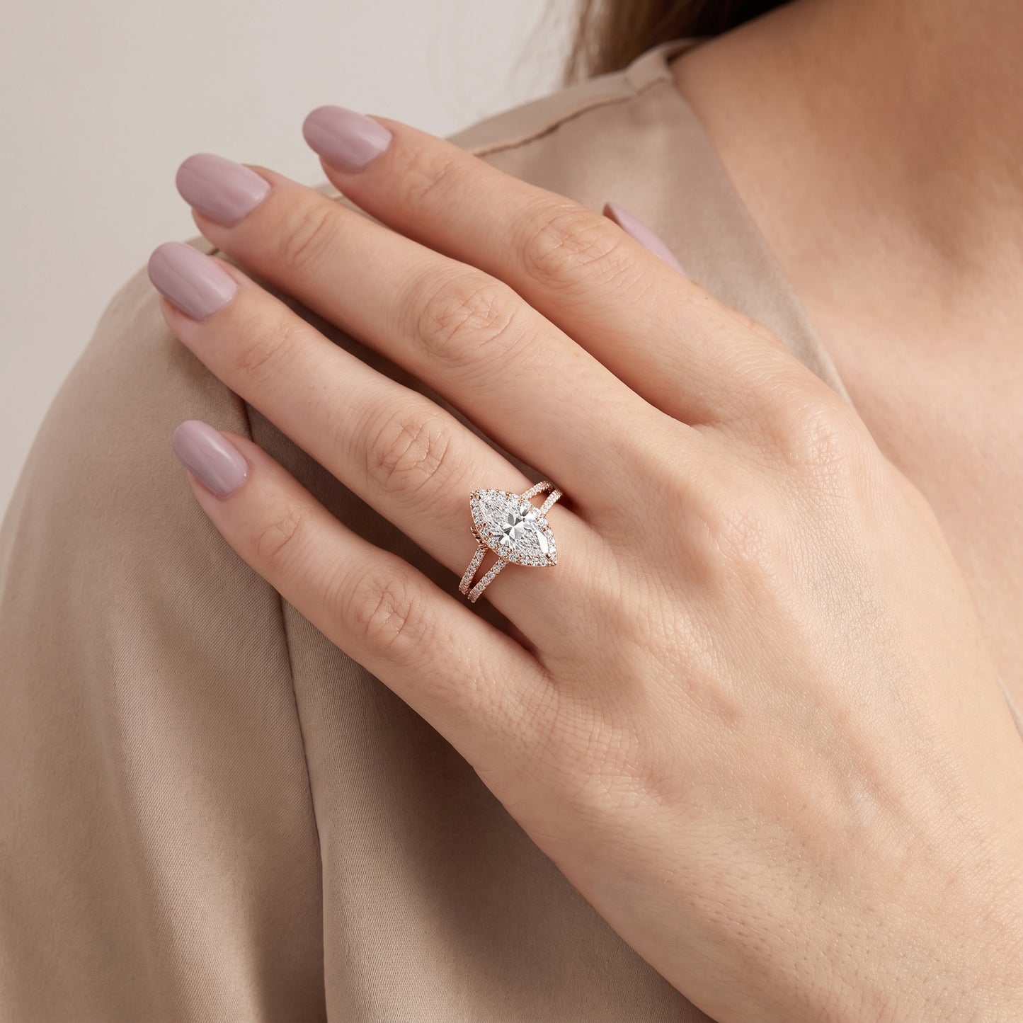 Kira Halo Split Shank Marquise Diamond Engagement Ring in Rose Gold - model.jpg