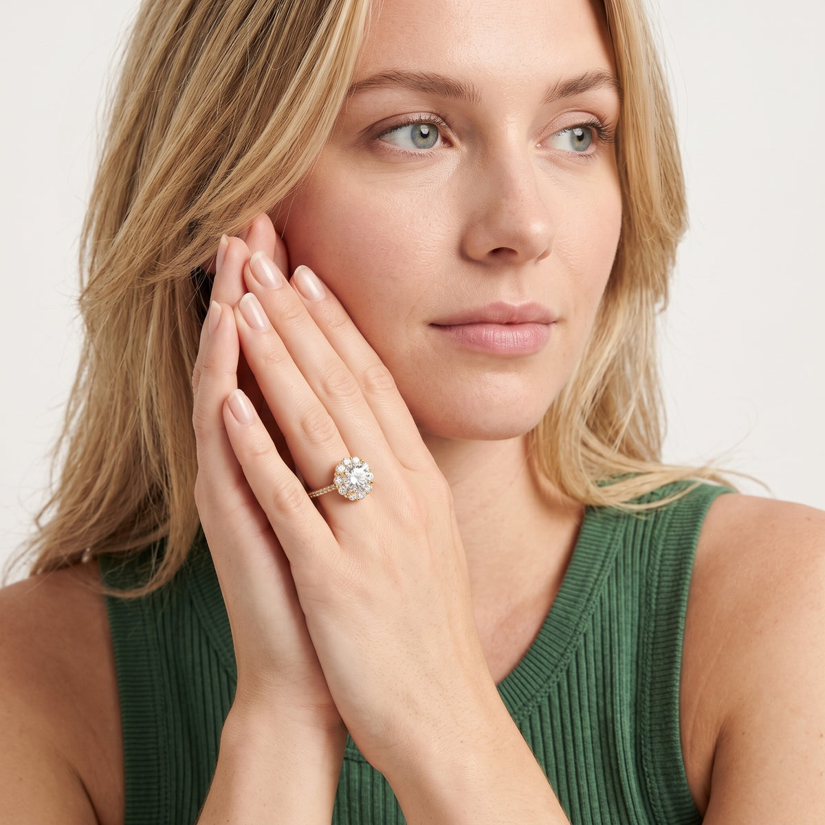 Hallie Floral Halo Round Diamond Engagement Ring in Rose Gold - model.jpg