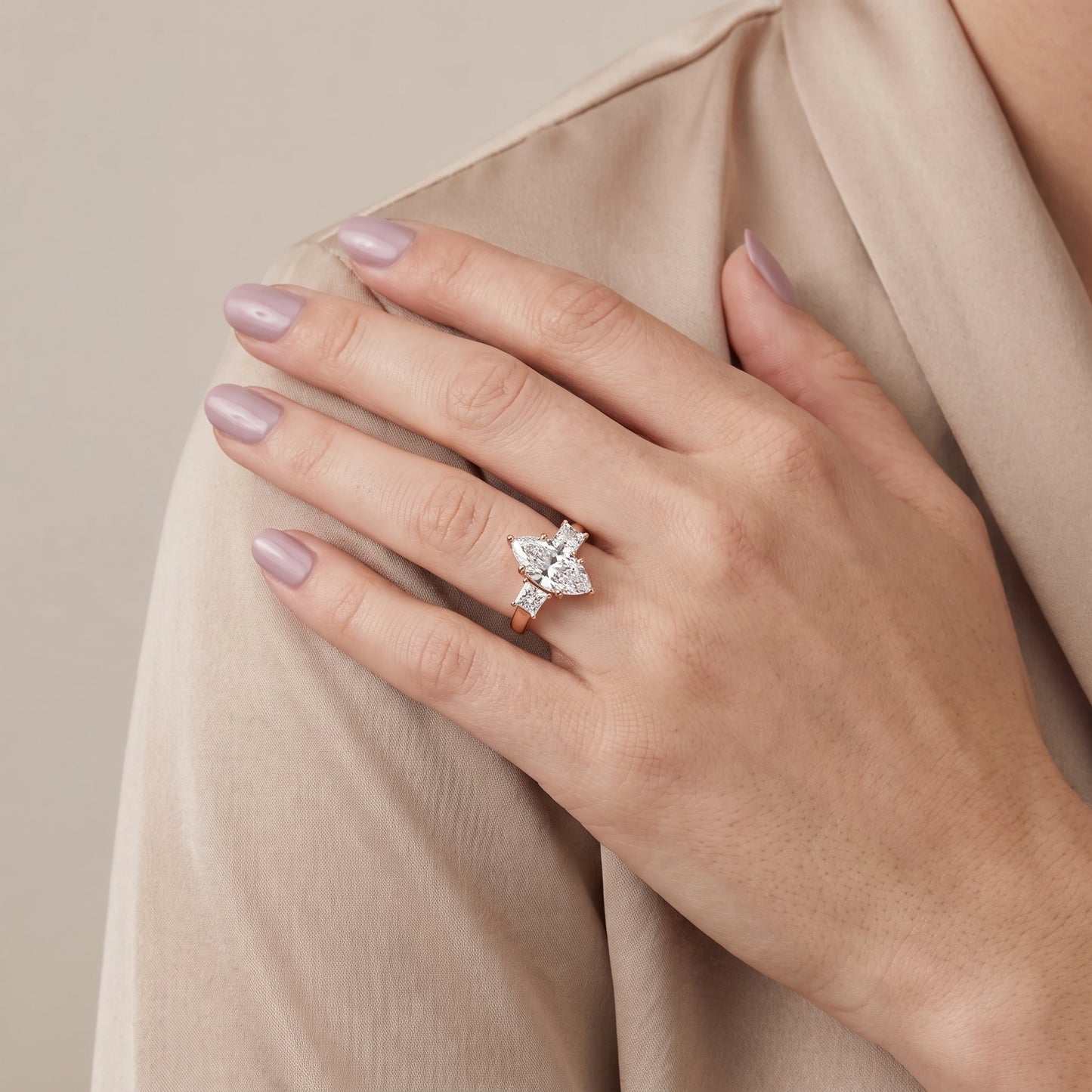 Selena Three-Stone Basket Marquise Diamond Ring in Rose Gold - model.jpg