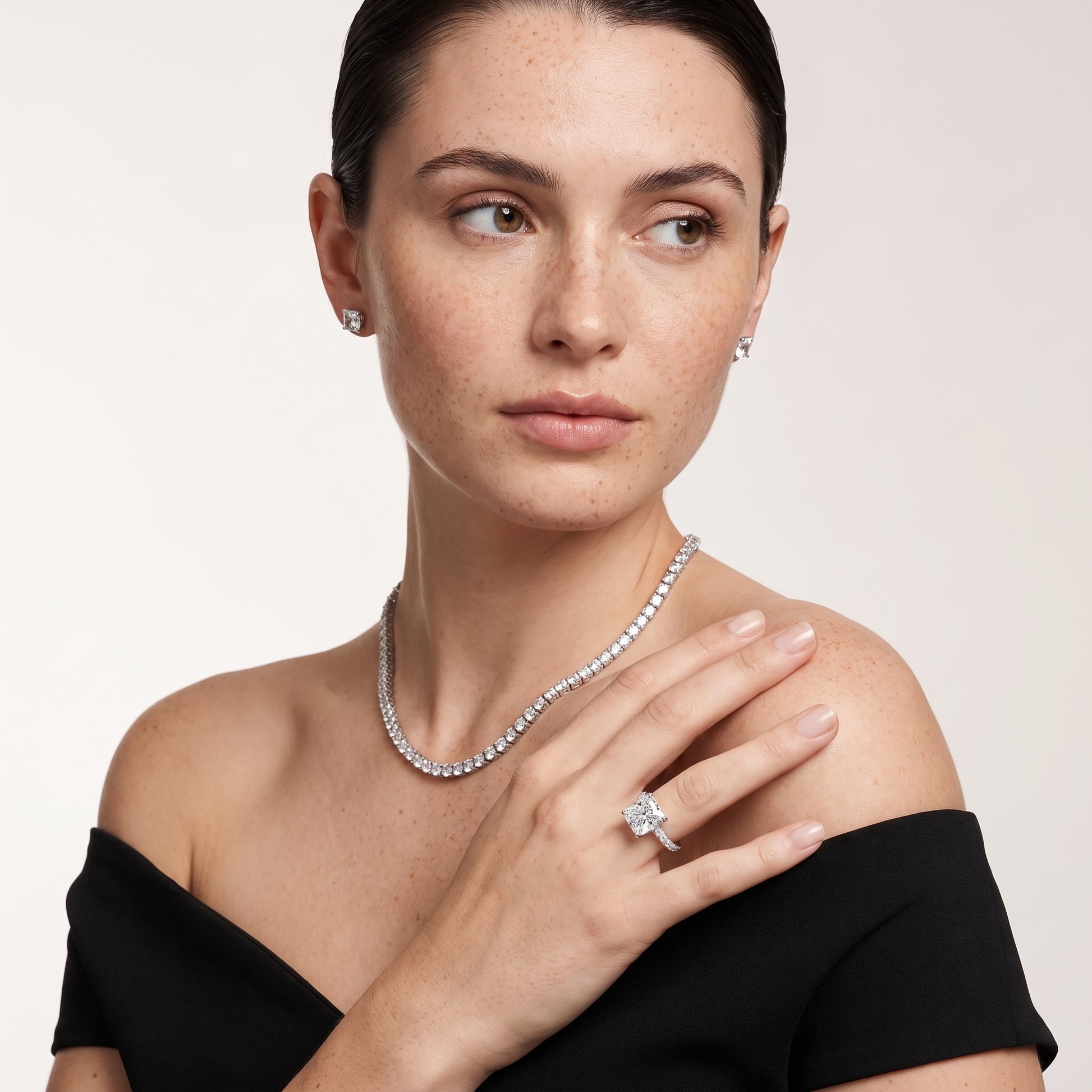 Della Hidden Halo Pavé Radiant Diamond Engagement Ring in Silver - model.jpg
