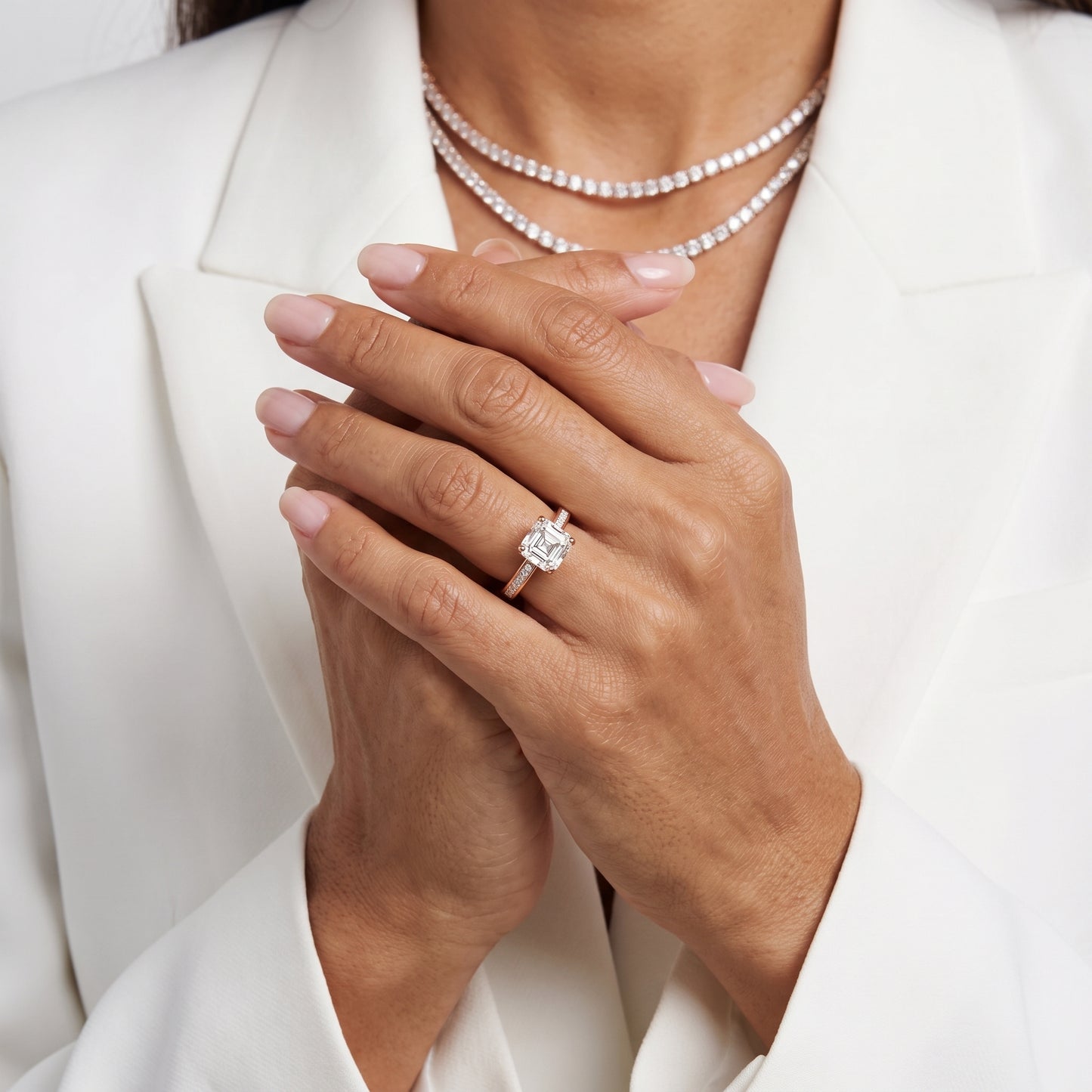 Maren Sidestone Channel Set Asscher Diamond Engagement Ring in Rose Gold - model.jpg
