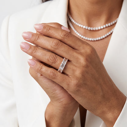 Florence Shared Prong Emerald Diamond Eternity Band in Rose Gold - model.jpg