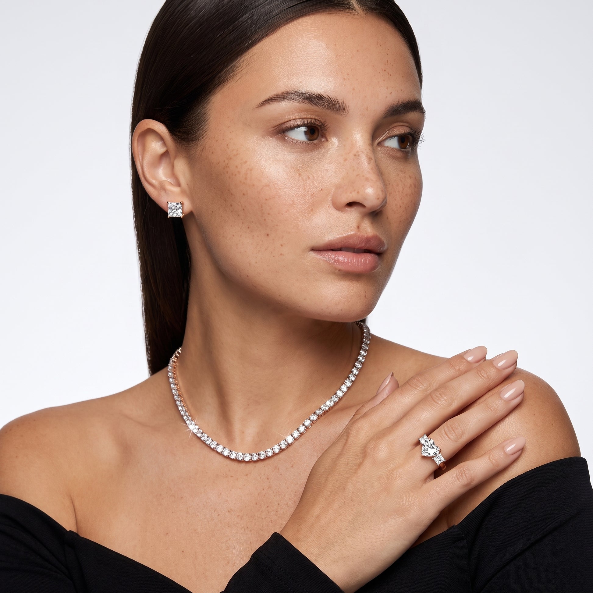 Selena Three-Stone Basket Heart Diamond Ring in Rose Gold - model.jpg