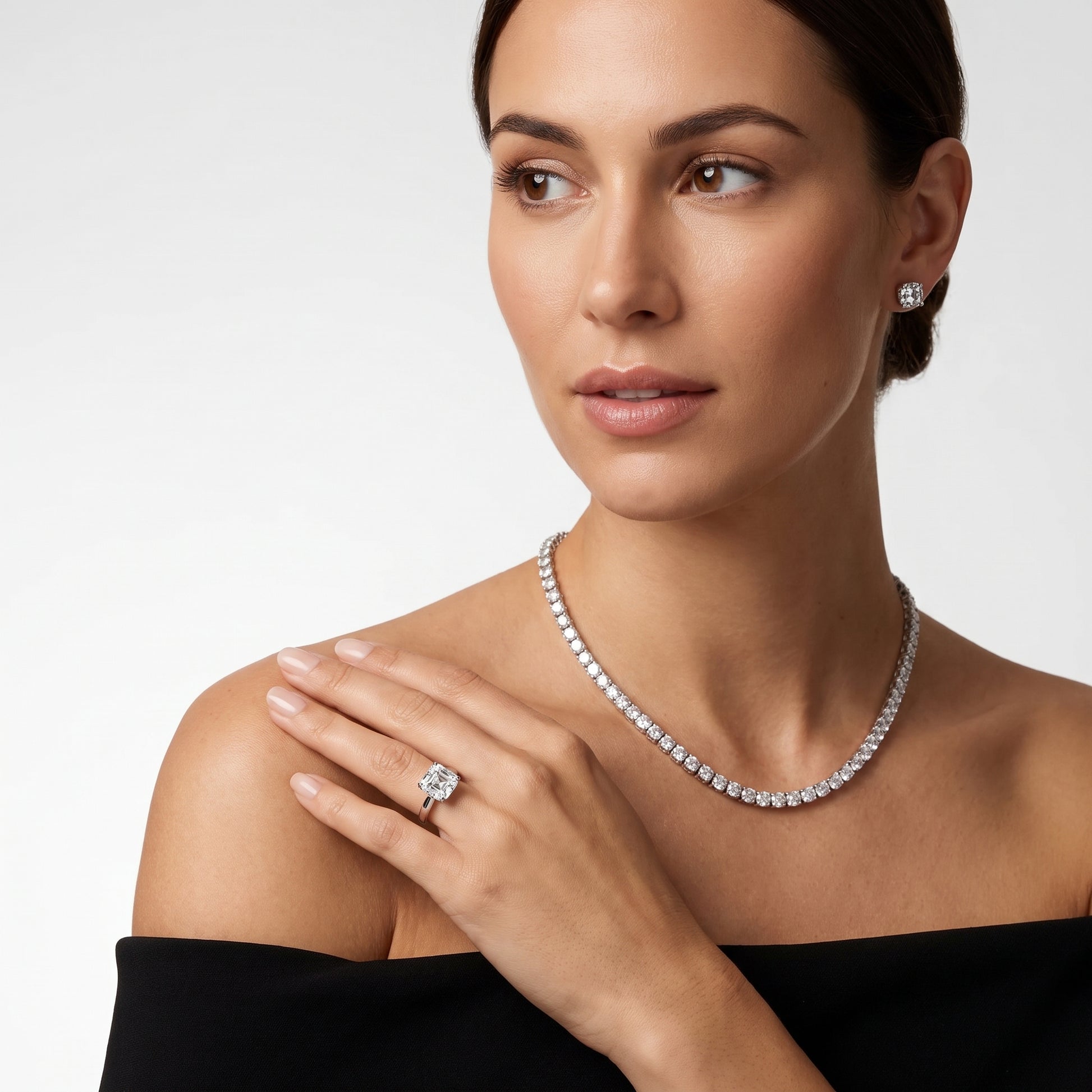 Lara Hidden Halo Asscher Diamond Engagement Ring in Silver - model.jpg