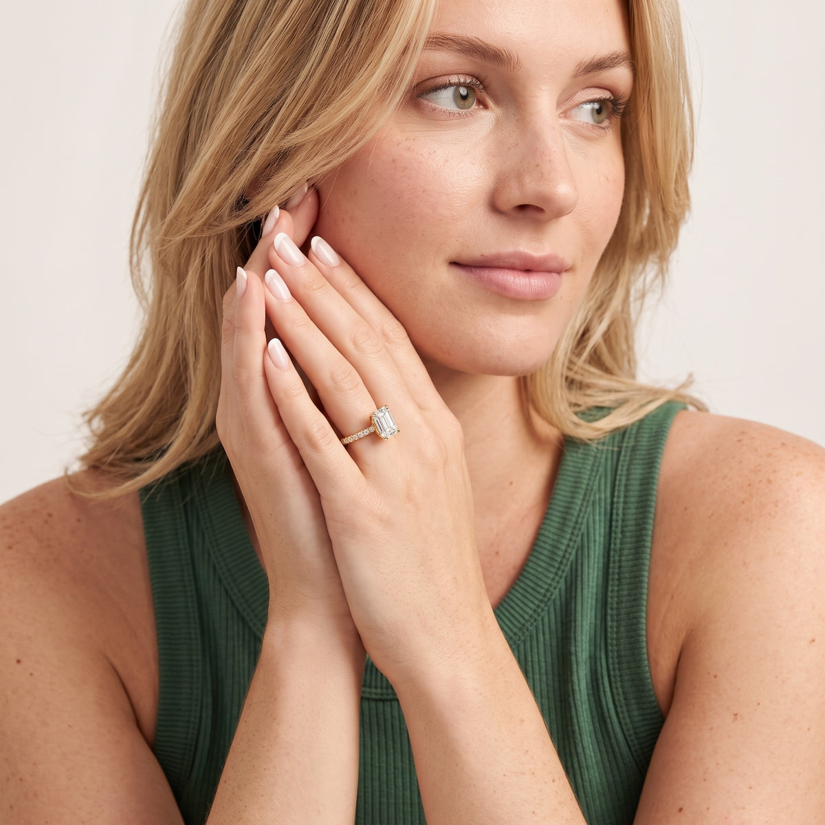 Saskia French Pavé Emerald Diamond Engagement Ring in Rose Gold - model.jpg