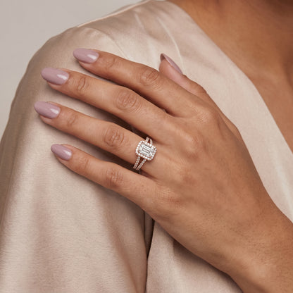 Kira Halo Split Shank Emerald Diamond Engagement Ring in Rose Gold - model.jpg