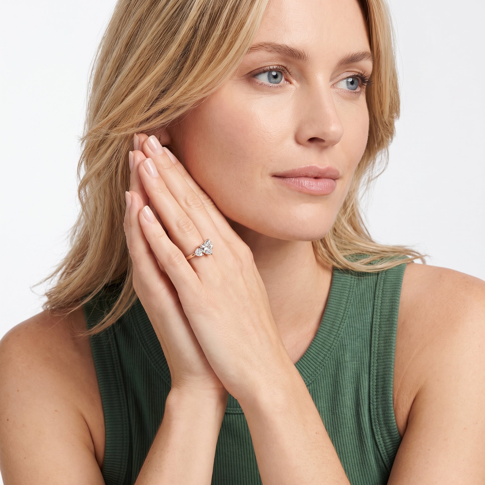 Romy Three-Stone Heart Diamond Engagement Ring in Rose Gold - model.jpg