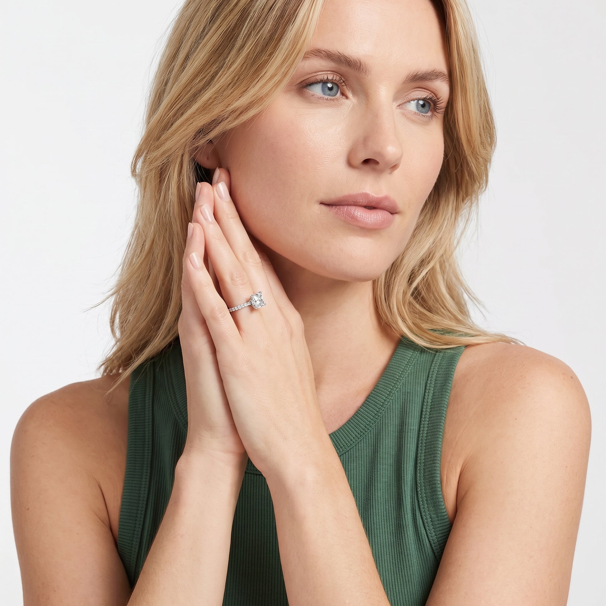 Aisha Pavé Solitaire Cushion Diamond Engagement Ring in Silver - model.jpg