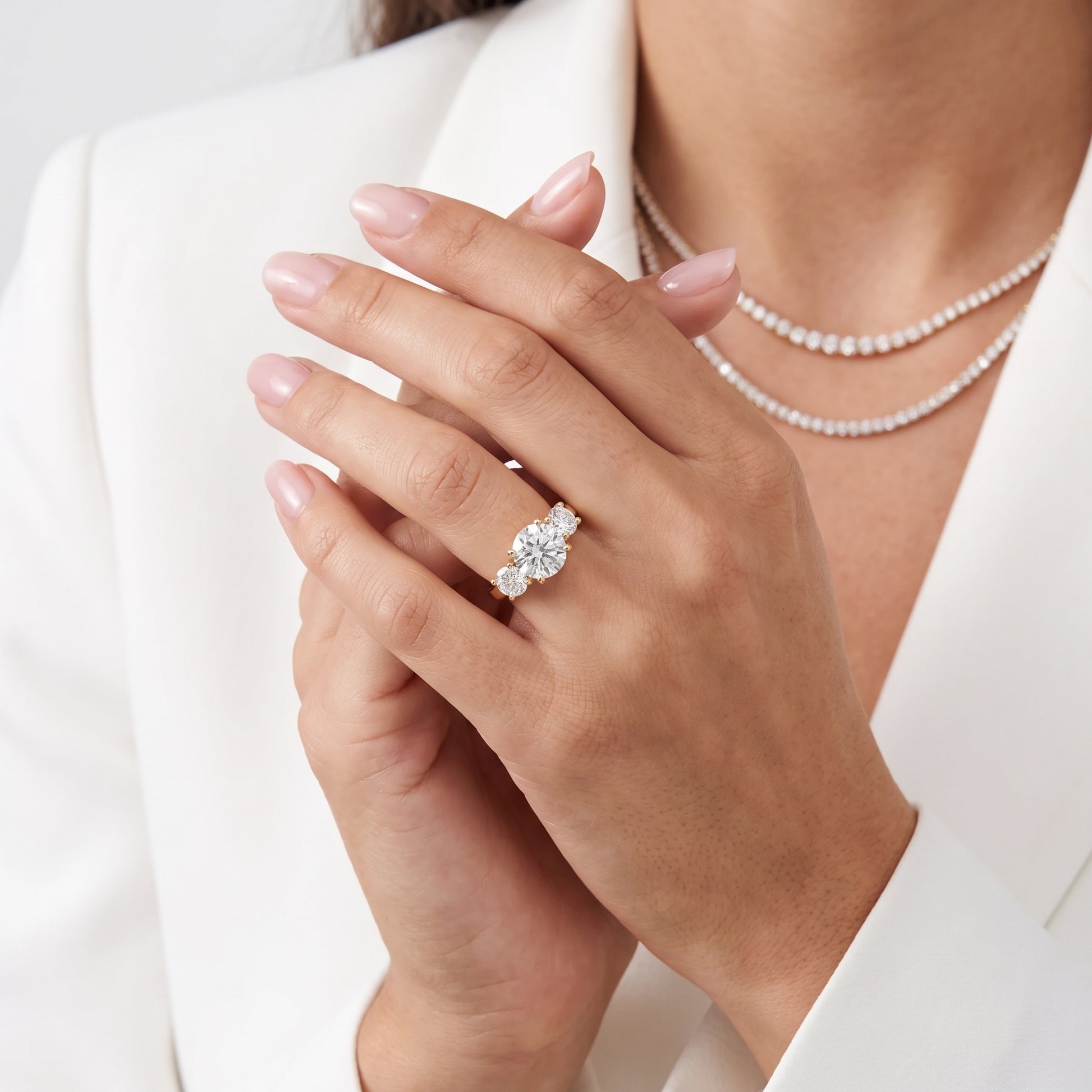 Callie Three-Stone Trellis Round Diamond Engagement Ring in Yellow Gold - model.jpg