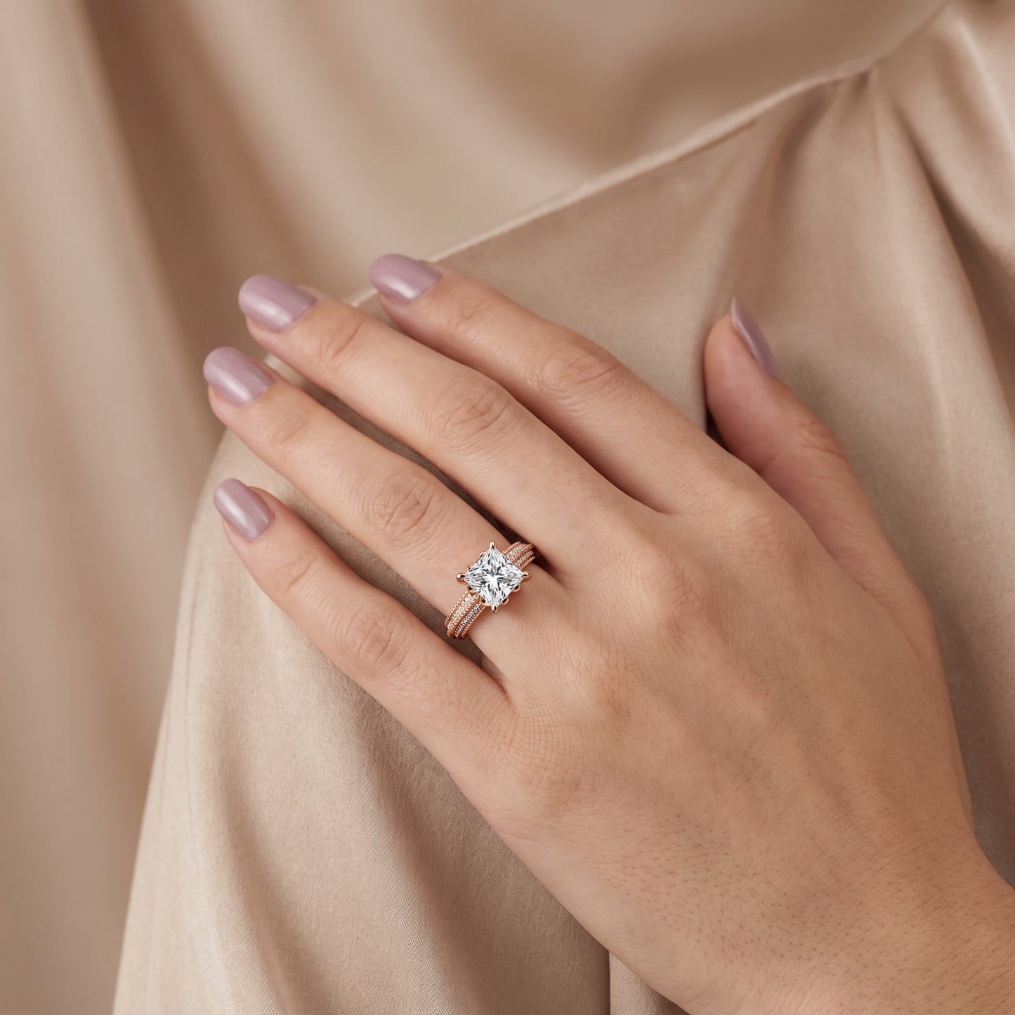 Indie Vintage Milgrain Princess Diamond Engagement Ring in Rose Gold - model.jpg