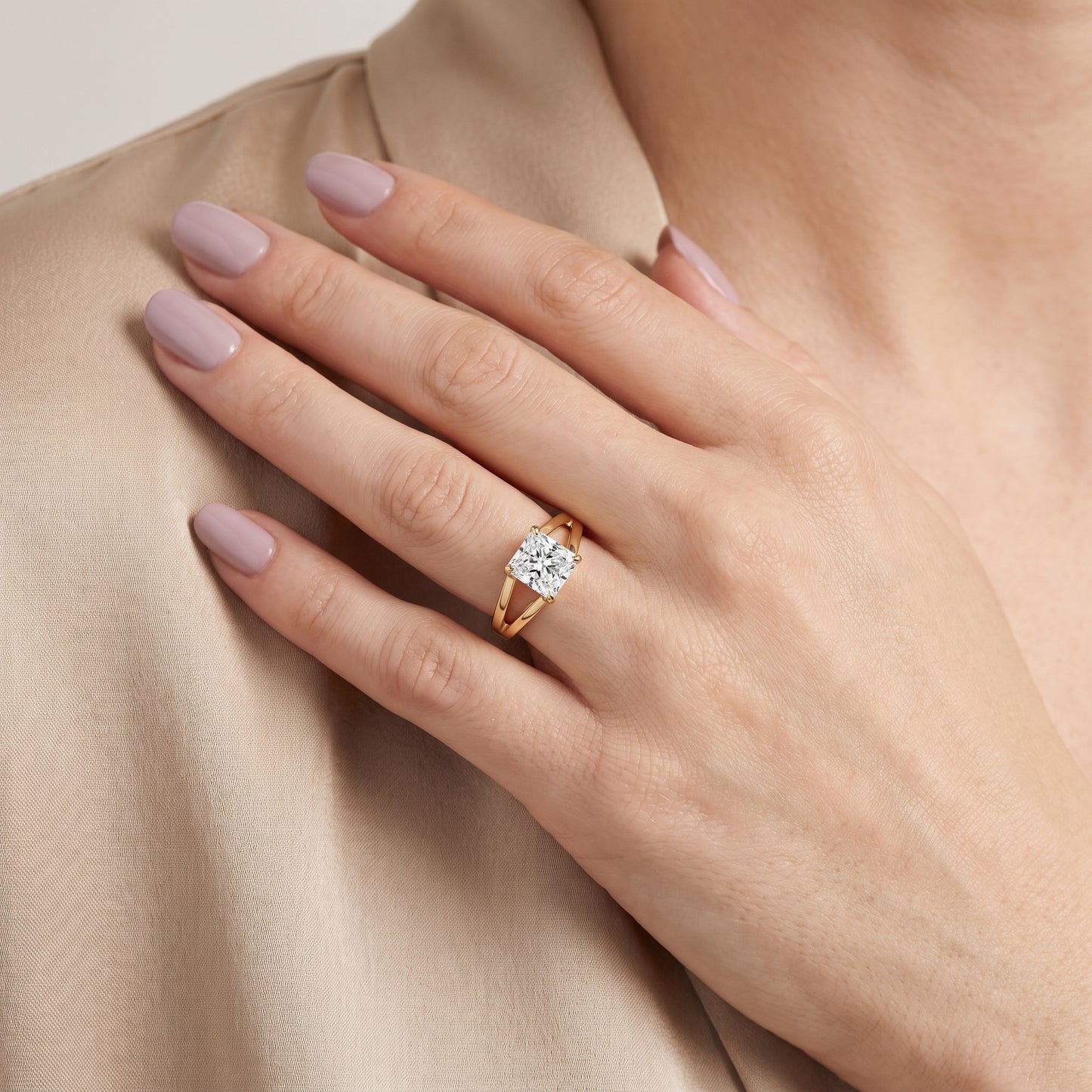 Giselle Solitaire Split Shank Radiant Diamond Engagement Ring in Yellow Gold - model.jpg