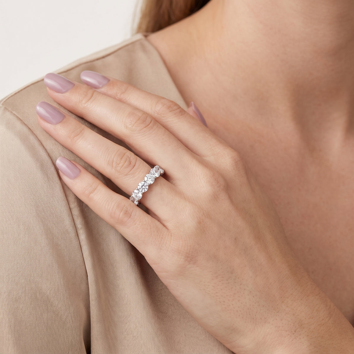 Malia Shared Prong Round & Emerald Diamond Eternity Band in White Gold - model.jpg