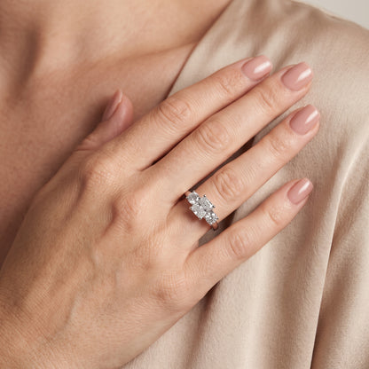 Callie Three-Stone Trellis Radiant Diamond Engagement Ring in Silver - model.jpg
