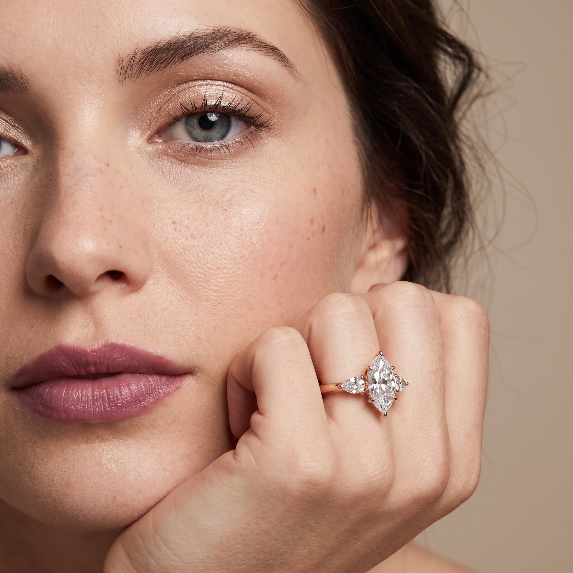 Phoebe Three-Stone Marquise Diamond Ring in Rose Gold - model.jpg